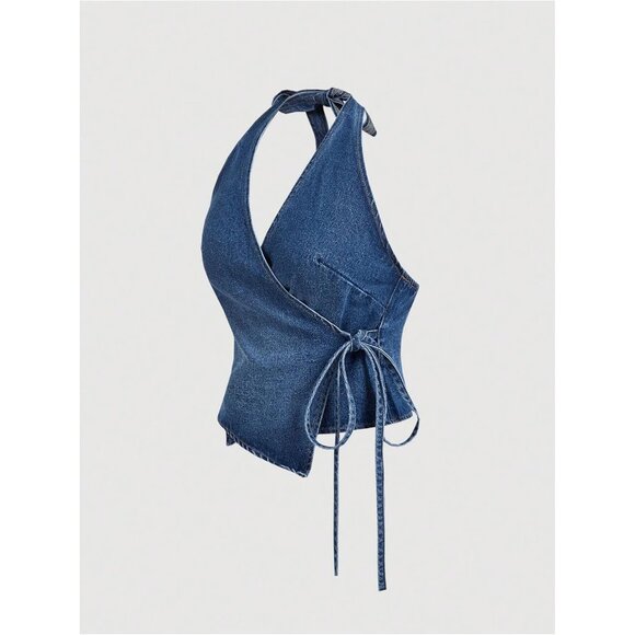 Women's Denim Wrap Top Small Blue Backless Halter V Neck Casual Summer - Picture 3 of 5